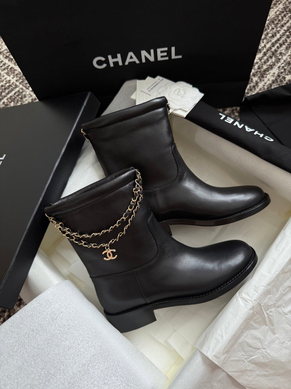 Chanel Women's Fall/winter Fashion Classic Solid Color Leather Suede Round Toe Cuffed Chunky Heel Chain Pendant Ankle Boots Shoes #79218
