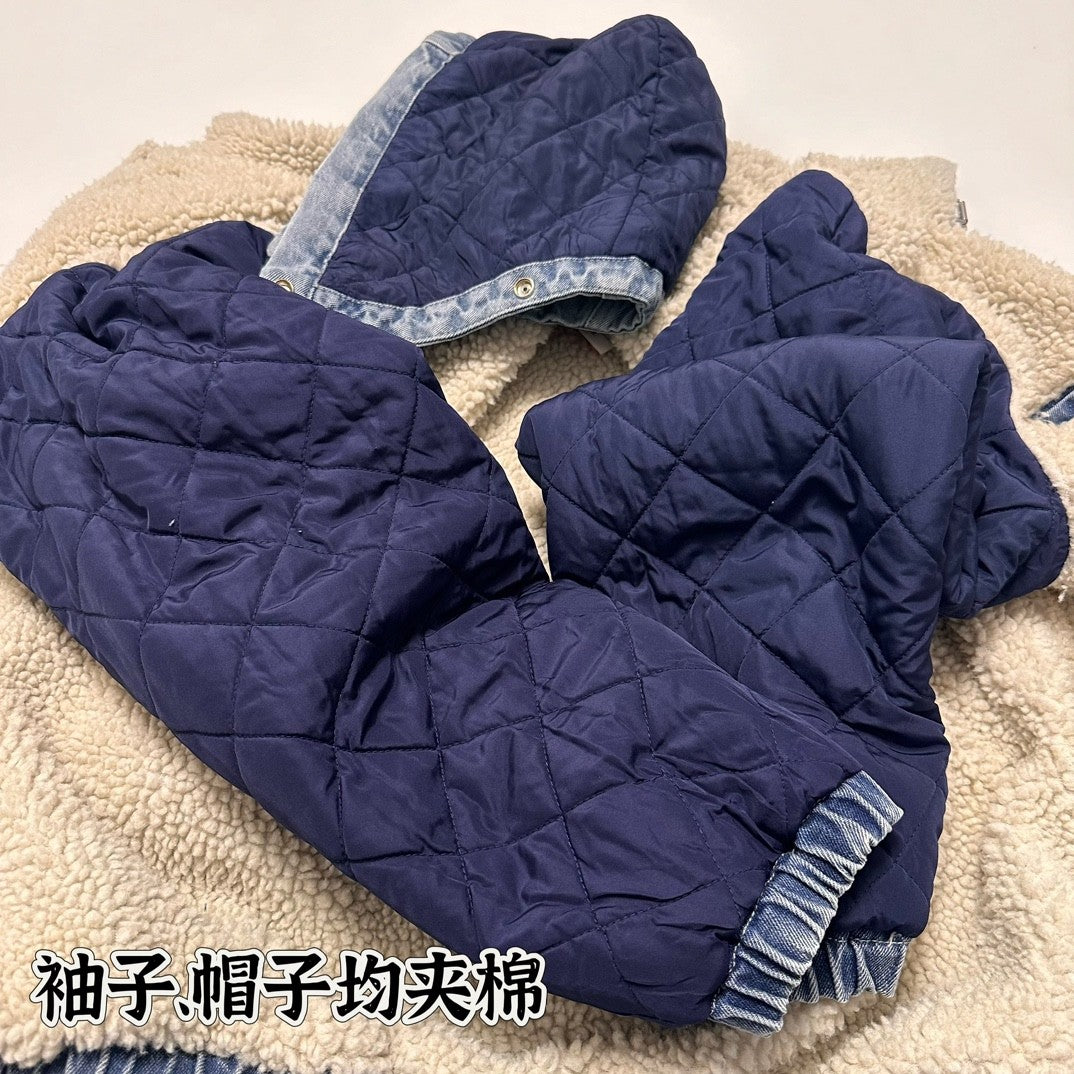 Supreme Men's And Women's Fall And Winter Solid Color Removable Hood Lamb's Wool Lining Long Sleeved Denim Jacket #74563