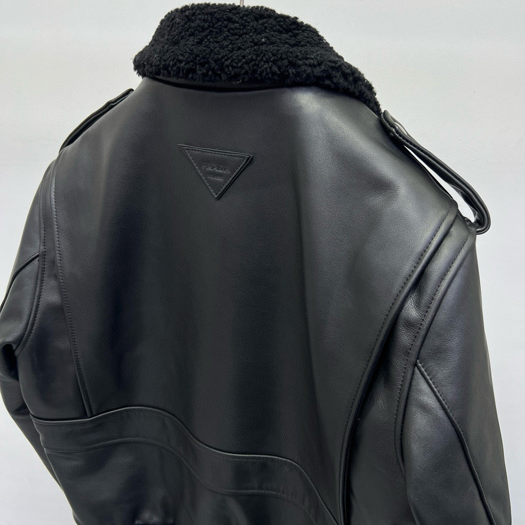 Prada Men's Autumn Winter Black Hair Collar Zip Leather Long Sleeve Jacket #99477