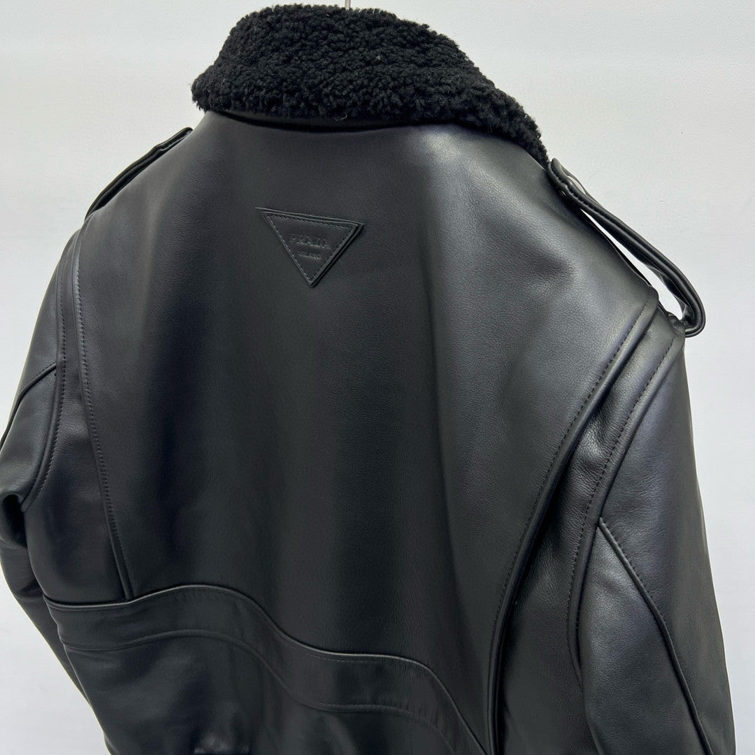 Prada Men's Autumn Winter Black Hair Collar Zip Leather Long Sleeve Jacket #99477
