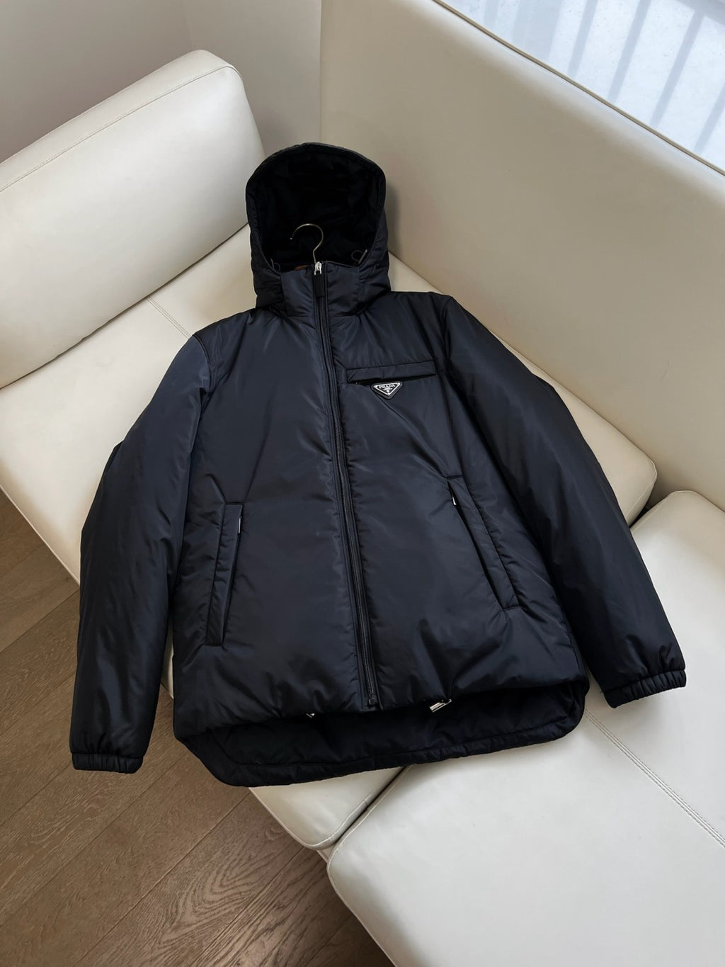 Prada Men's Autumn and Winter Solid Color Letter Logo Hooded Warm Zipper Long Sleeve Puffer Down Jacket #73422
