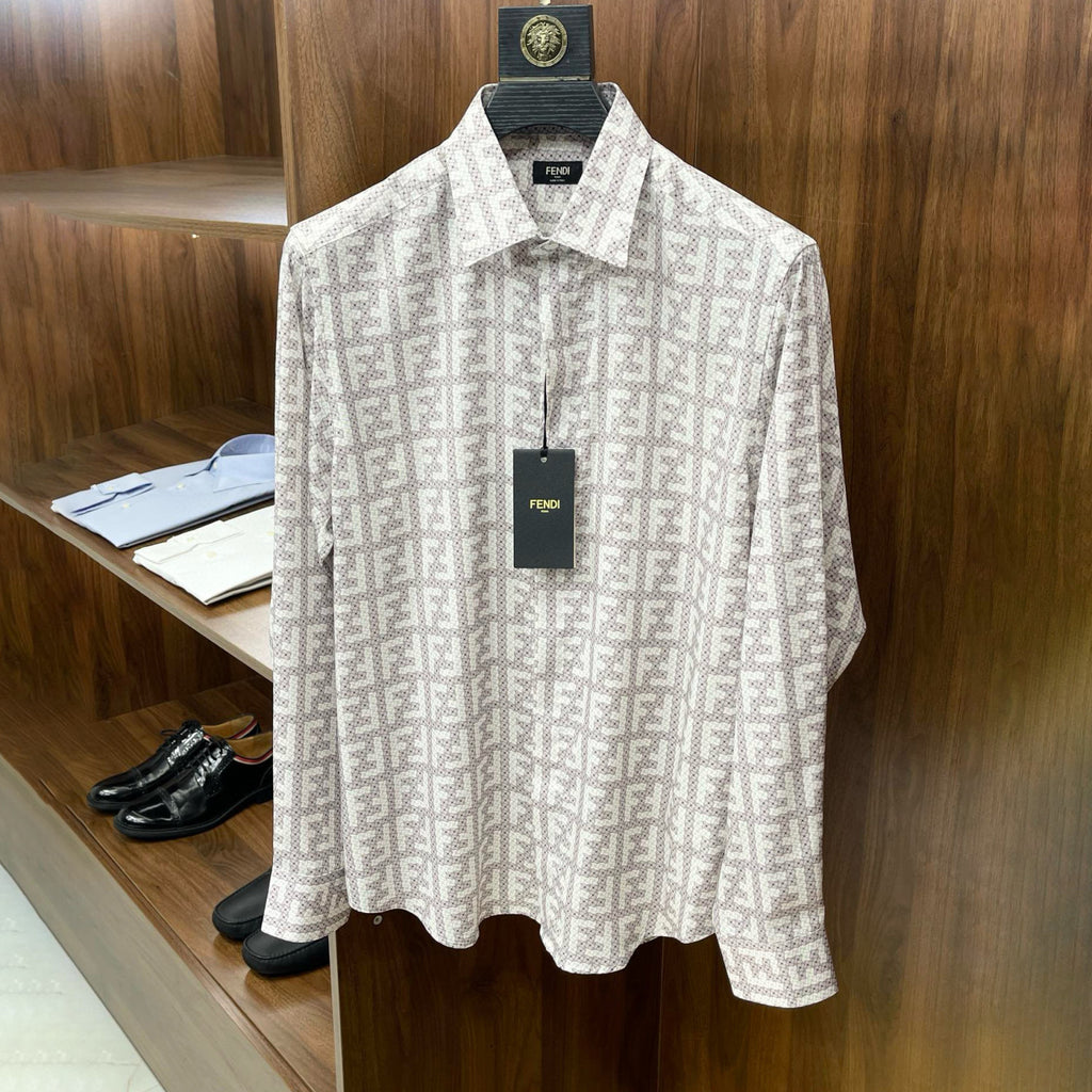 Fendi Men's Spring and Autumn Full Print Letter Print Lapel Single Breasted Long Sleeve Shirt #99179