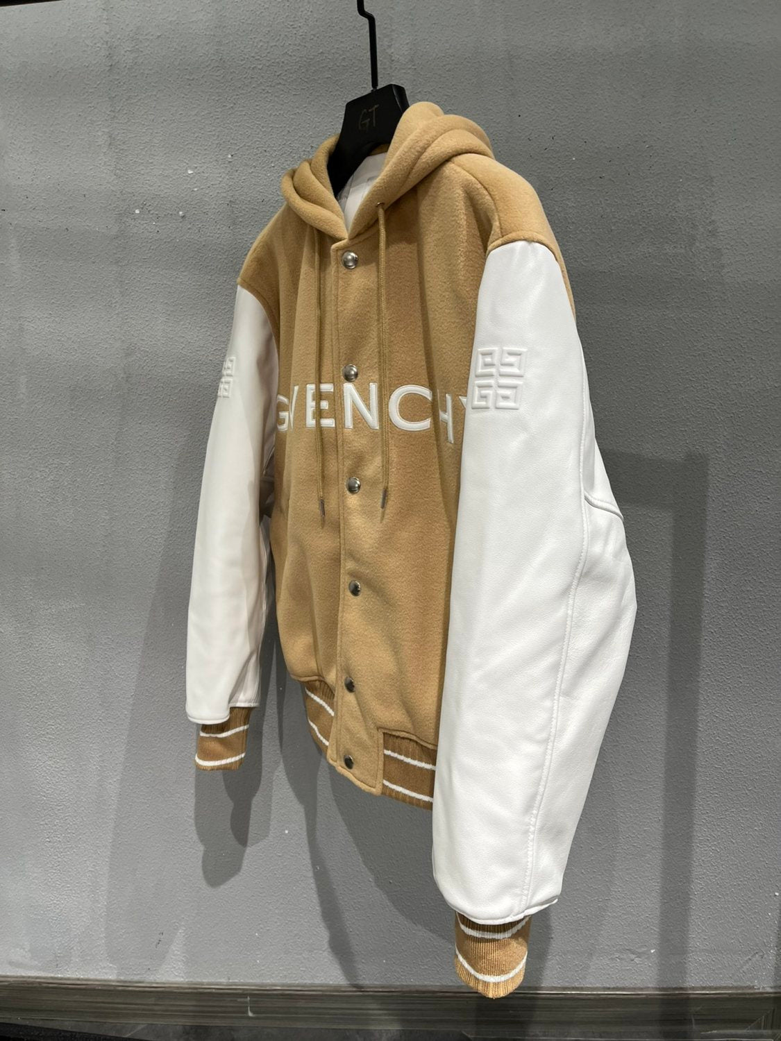 Givenchy Men's Autumn and Winter Color Blocking Single Breasted Wool and Leather Hooded Jacket #98878
