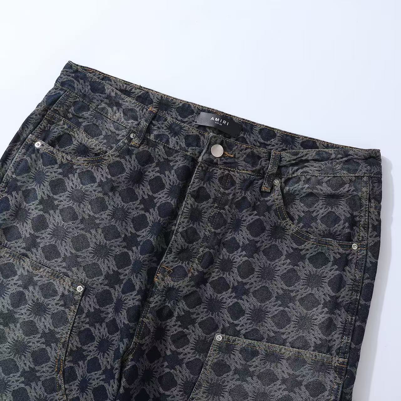 Amiri Men's All-Over Jacquard Denim Pants Four-Season Patchwork Solid-Color Cotton Straight-Leg Trousers Ngvp #2575