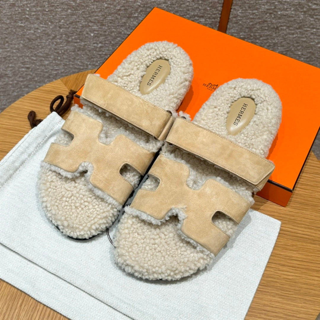Hermes Chypre Men's And Women's Spring/Fall Fashion Casual Suede Shearling Flip Flop Sandals Shoes #78741