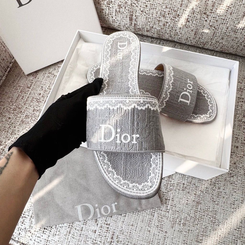 Dior Dentelle Slide Sky Blue Dior Oblique Embroidered Cotton and White Lace #377809