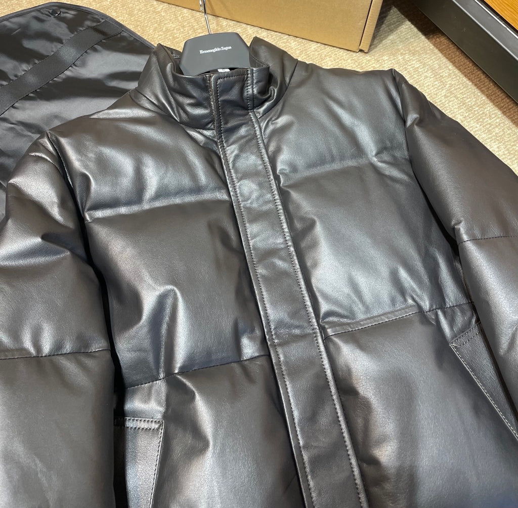 Ermenegildo Zegna Men's Fall And Winter Leather Down Zipper Stand-up Collar Jacket Temperament Casual Fashion Warm Jacket Ngvp #2644