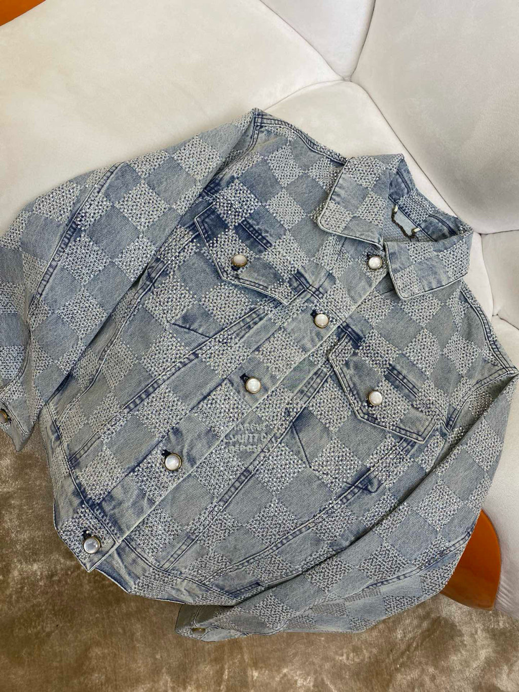 Louis Vuitton Men's Spring And Autumn Checkerboard  Print Jacquard Crystal Decoration Single Breasted Long Sleeved Denim Jacket Casual Jeans Pants Suit Set #75273