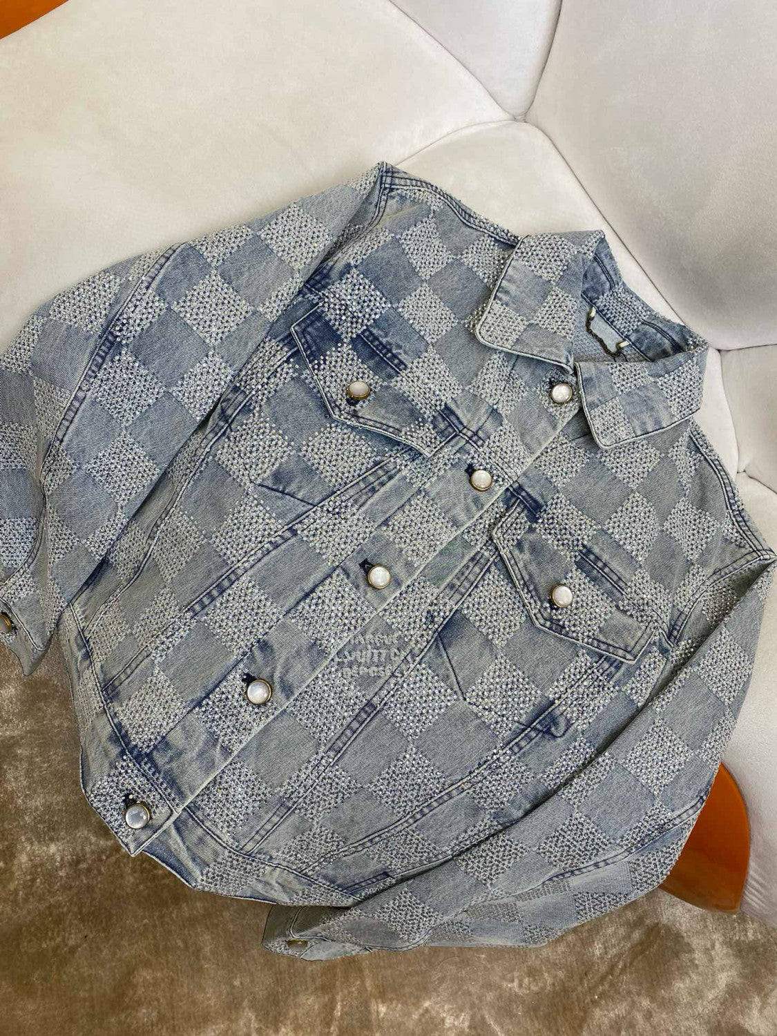Louis Vuitton Men's Spring And Autumn Checkerboard  Print Jacquard Crystal Decoration Single Breasted Long Sleeved Denim Jacket Casual Jeans Pants Suit Set #75273