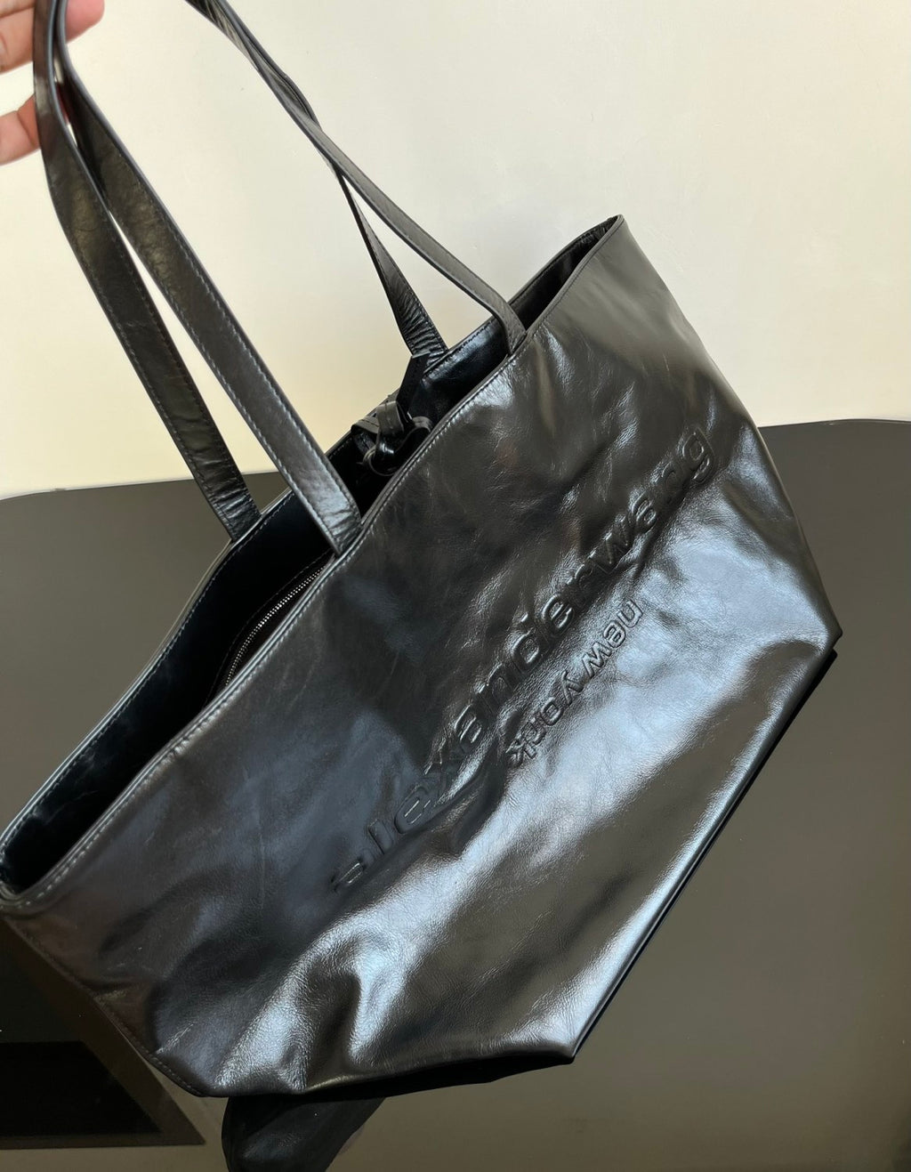 Alexander Wang Women's Punch Tote Laptop Bag - Black Large Capacity Bag with Alphabet Logo Stylish Heat-Pressed Leather Bags #82354A