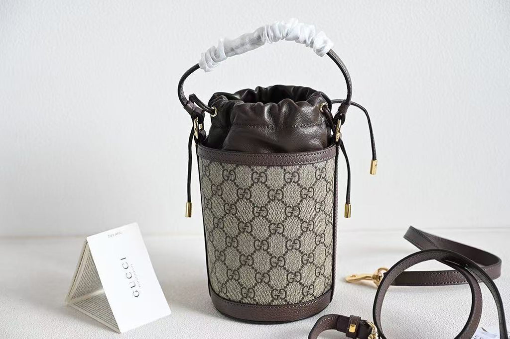 Gucci Ophidia Women's Brown Adjustable Shoulder Strap Drawstring Closure Canvas Spell Leather Bucket Bag Single Shoulder Crossbody Handbag Bags #75549