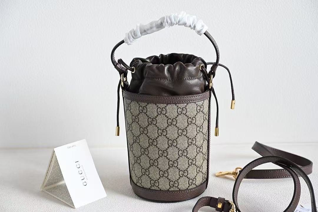 Gucci Ophidia Women's Brown Adjustable Shoulder Strap Drawstring Closure Canvas Spell Leather Bucket Bag Single Shoulder Crossbody Handbag Bags #75549