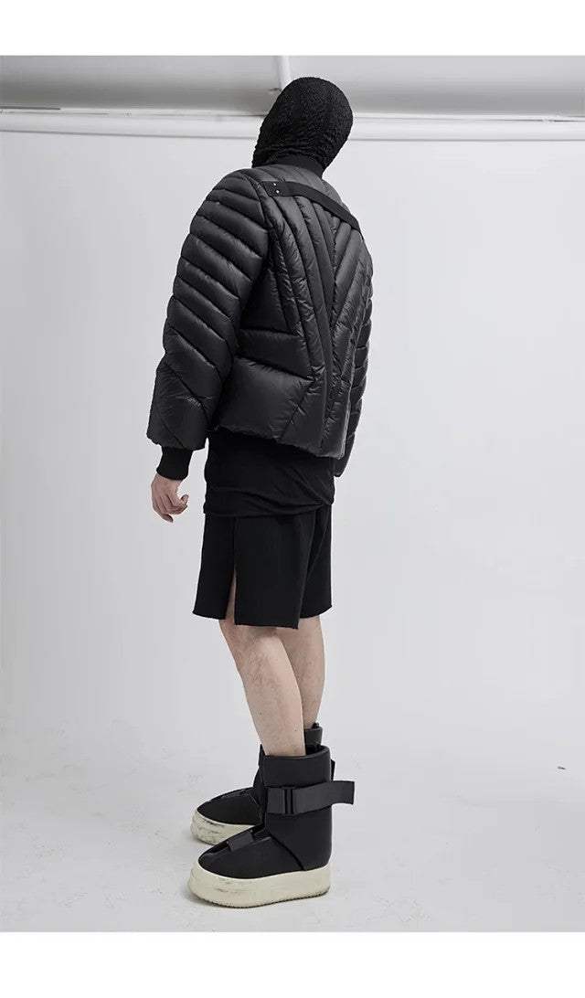Rick Owens X Moncler Men's And Women's Black Saison Peter Feather Jacket Fall And Winter Rays Striped Senior Zipper Round Neck Jacket Ngvp #2499