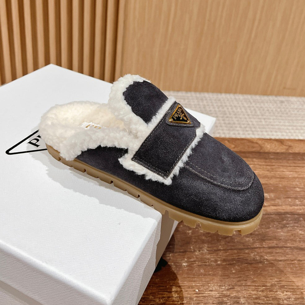 Prada Women's Fall/winter Casual Round Toe Slip On Fleece Lined Triangular Logo Birkenstock Style Slippers Shoes #79271