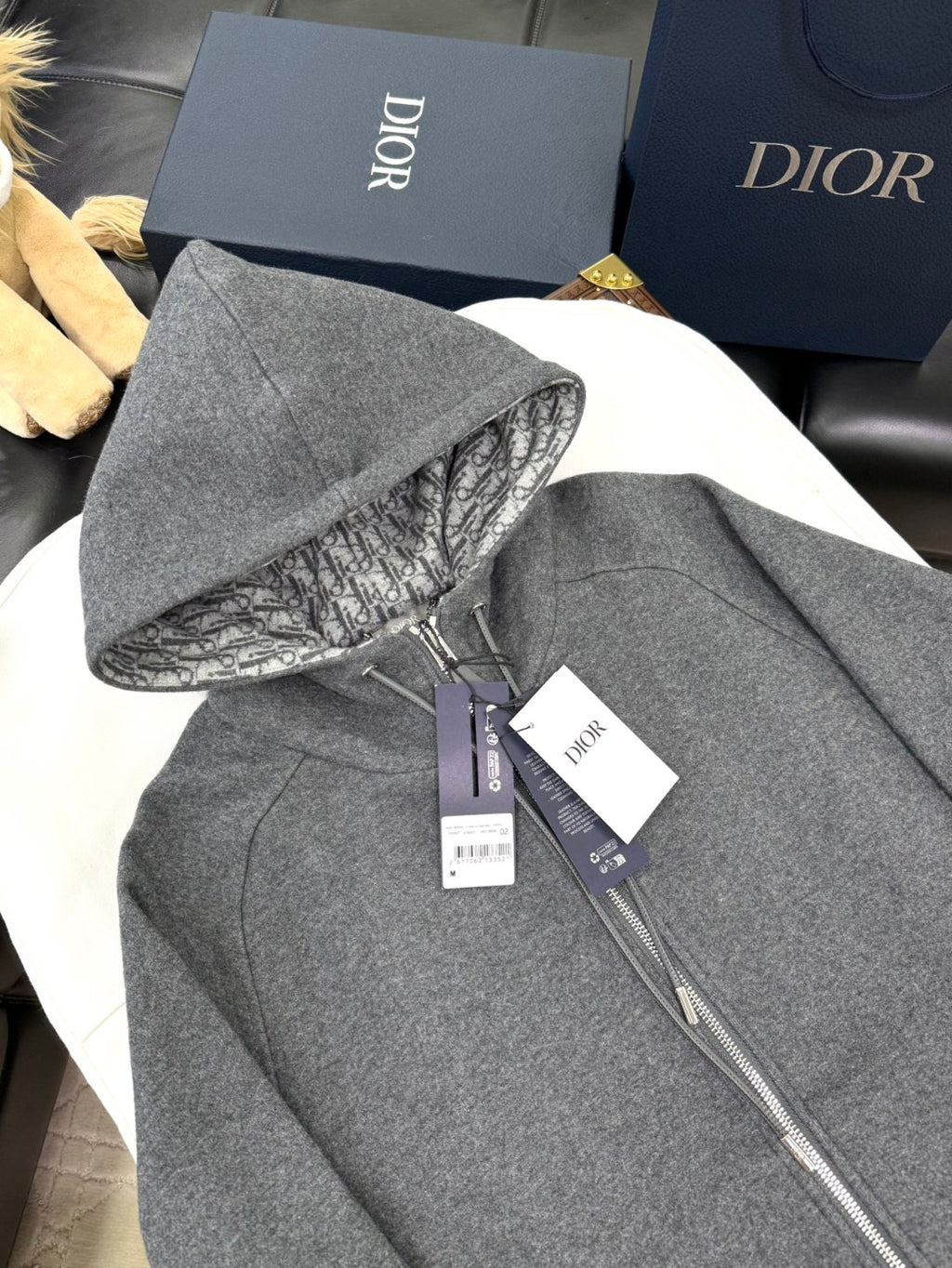 Dior Men's Spring and Autumn Solid Color Jacquard Cashmere Hooded Zipper Long Sleeve Jacket Drawstring Lace-Up Leisure Pants Suit Set #74477