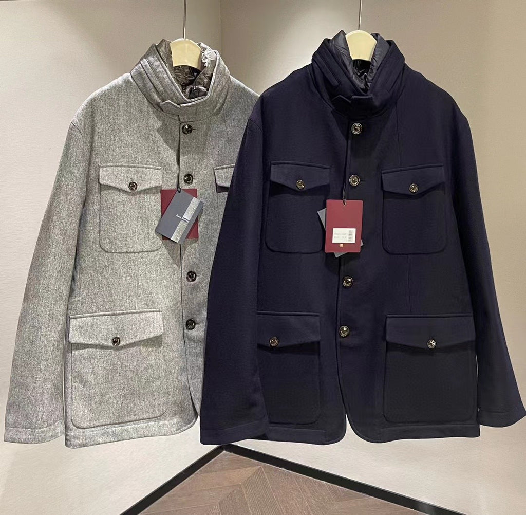 Montecore X Loro Piana Rain System Men's Winter Wool Tweed Fabric Hidden Hooded Puffer Down Jacket #97595