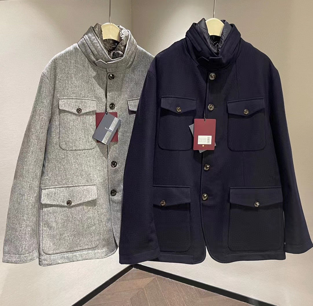Montecore X Loro Piana Rain System Men's Winter Wool Tweed Fabric Hidden Hooded Puffer Down Jacket #97595