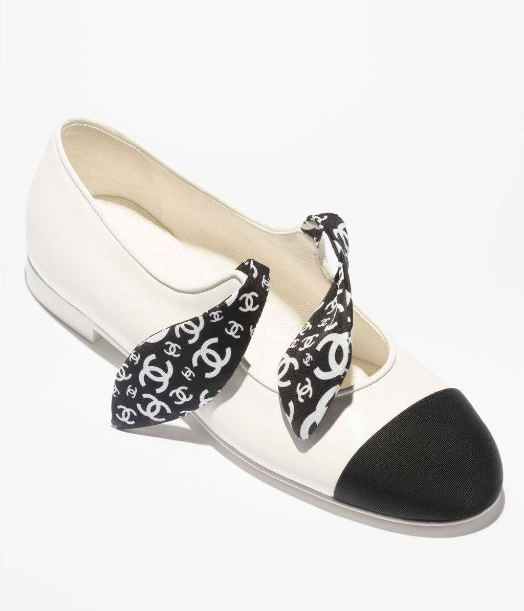 Chanel Mary Janes Lambskin Silk Grosgrain White Black #334248