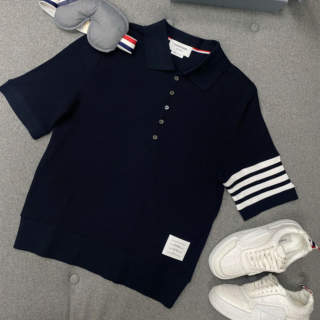 Thom Browne Men's Summer Solid Color Striped Cotton Polo Shirt Short Sleeve T-Shirt #99912