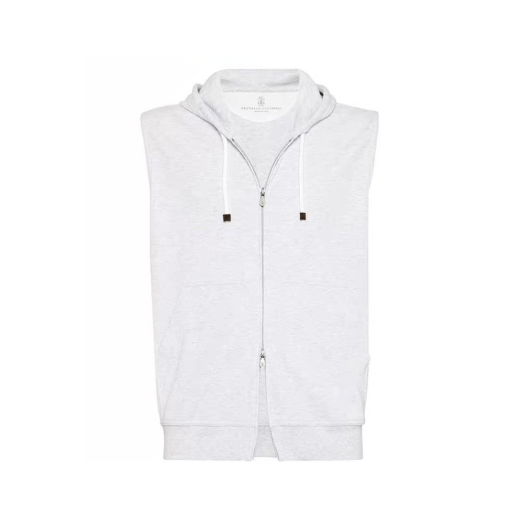 Brunello Cucinelli Men's Spring And Autumn Solid Color Zipper Drawstring Cotton Hooded Vest Casual Tie Shorts Ngvp #9218