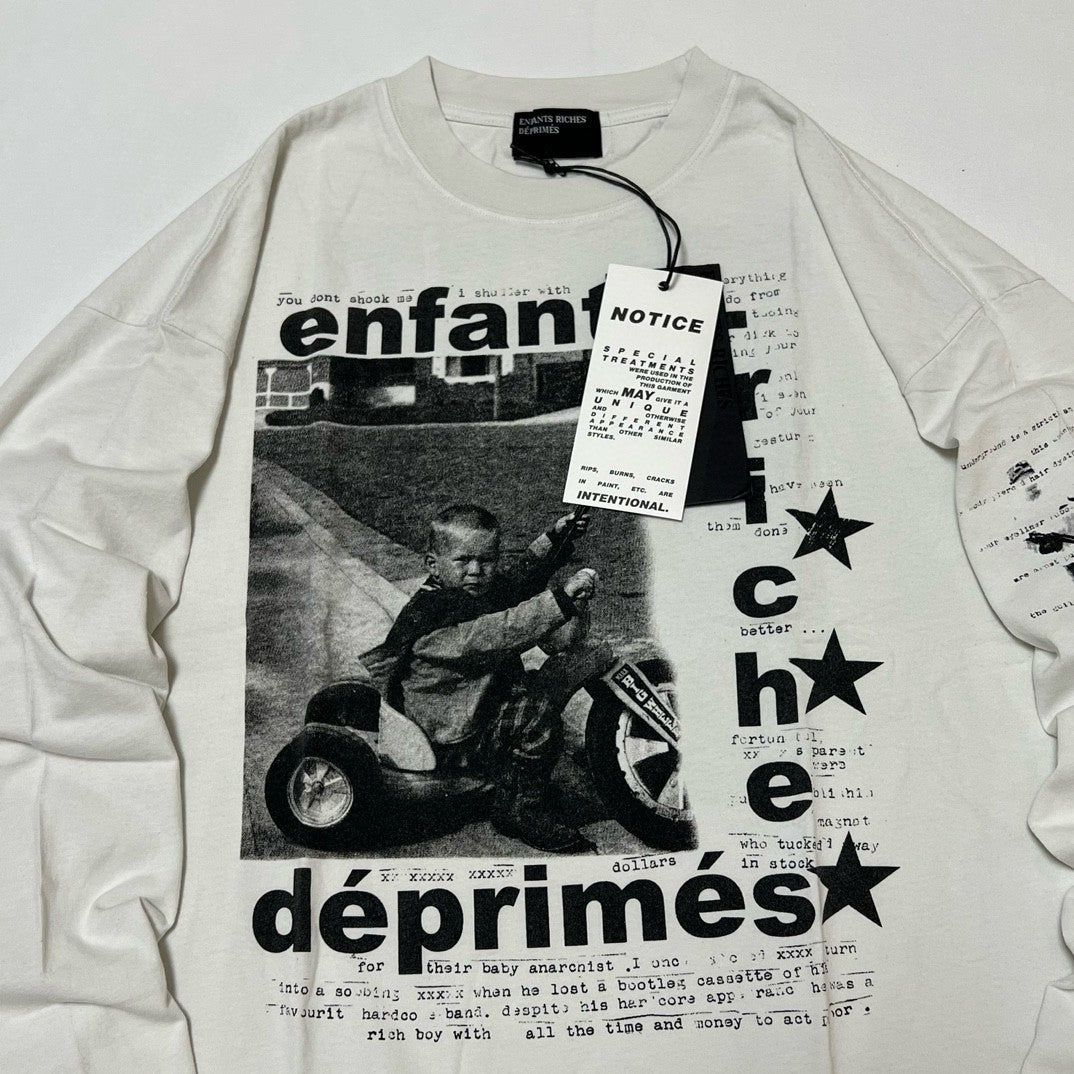 Enfants Riches Deprimes Men's Summer Ribbed Knit Washed Loose Pattern Printed Long Sleeve T-Shirt Pullover Ngvp #73357