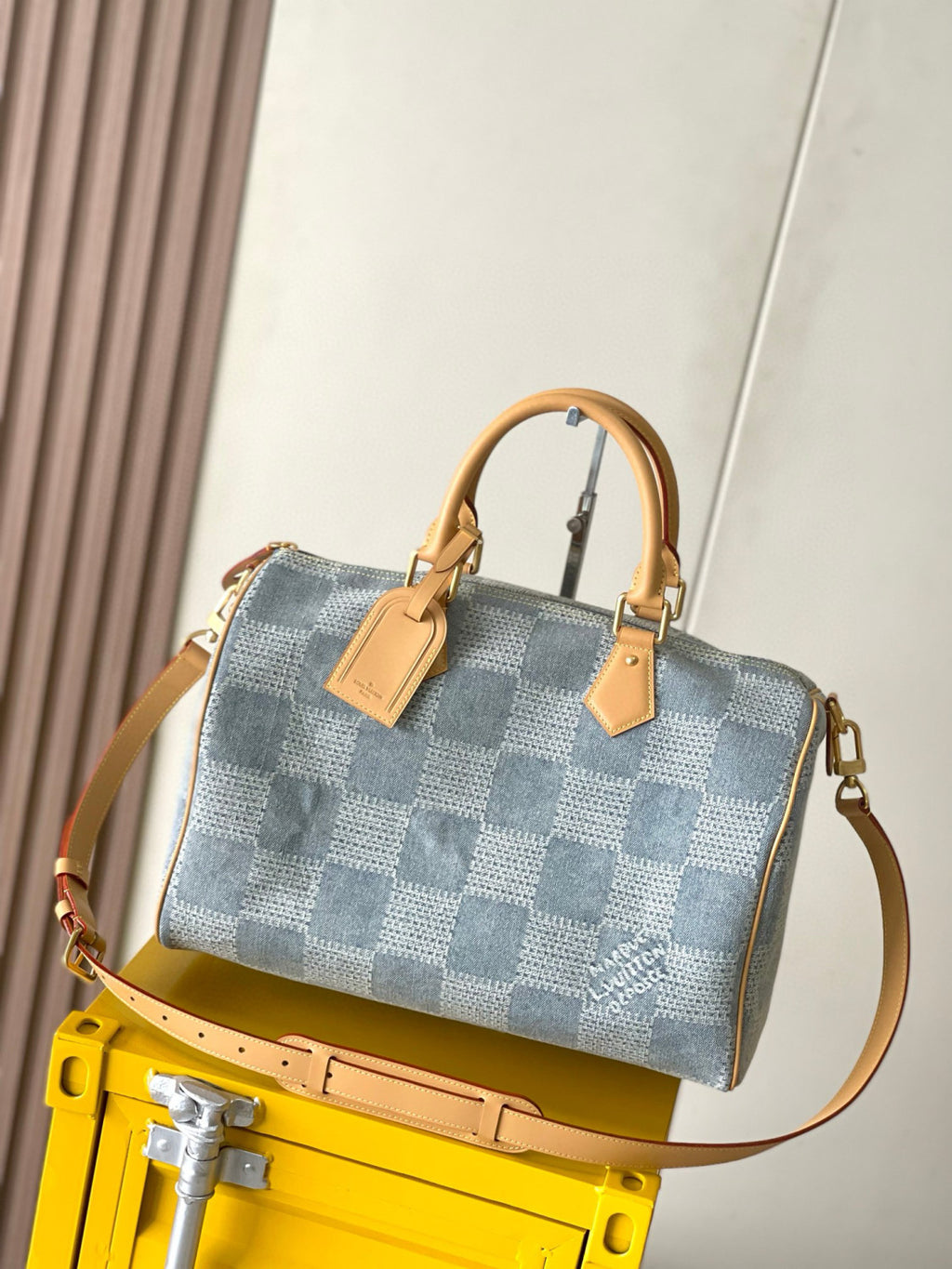 Louis Vuitton Speedy 40 Bandoulière Men's and Women's Checkerboard Printed Denim Patchwork Leather Single Shoulder Crossbody Tote Bag Travel Bags #76847