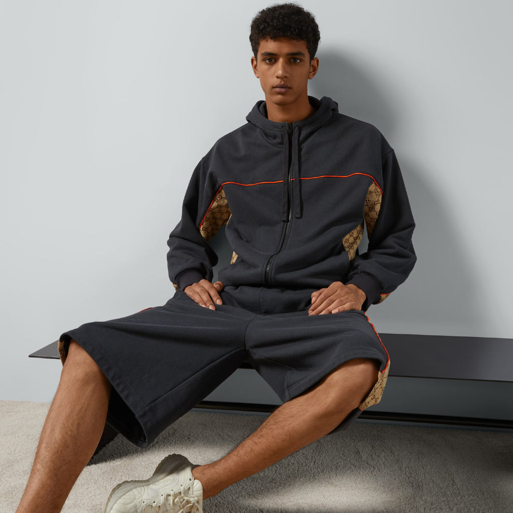 Gucci Men's Spring and Autumn Patchwork Logo Jacquard Zipper Hooded Long Sleeve Jacket Lace-Up Casual Shorts Pants Suit Set #98839