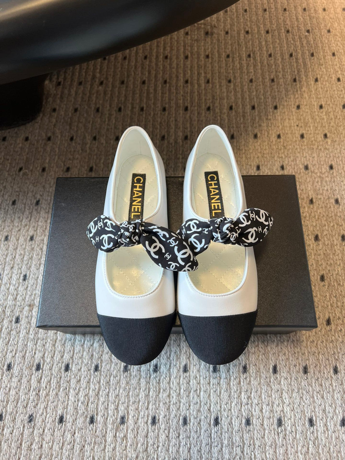 Chanel Mary Janes Lambskin Silk Grosgrain White Black #334248