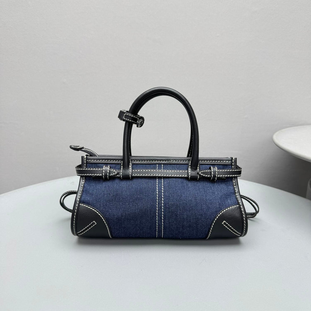 PRADA Women's Bonnie French Triangle Metal Logo Classic Versatile Mixed Materials Handbag Mini Women's Blue And Brown #332335