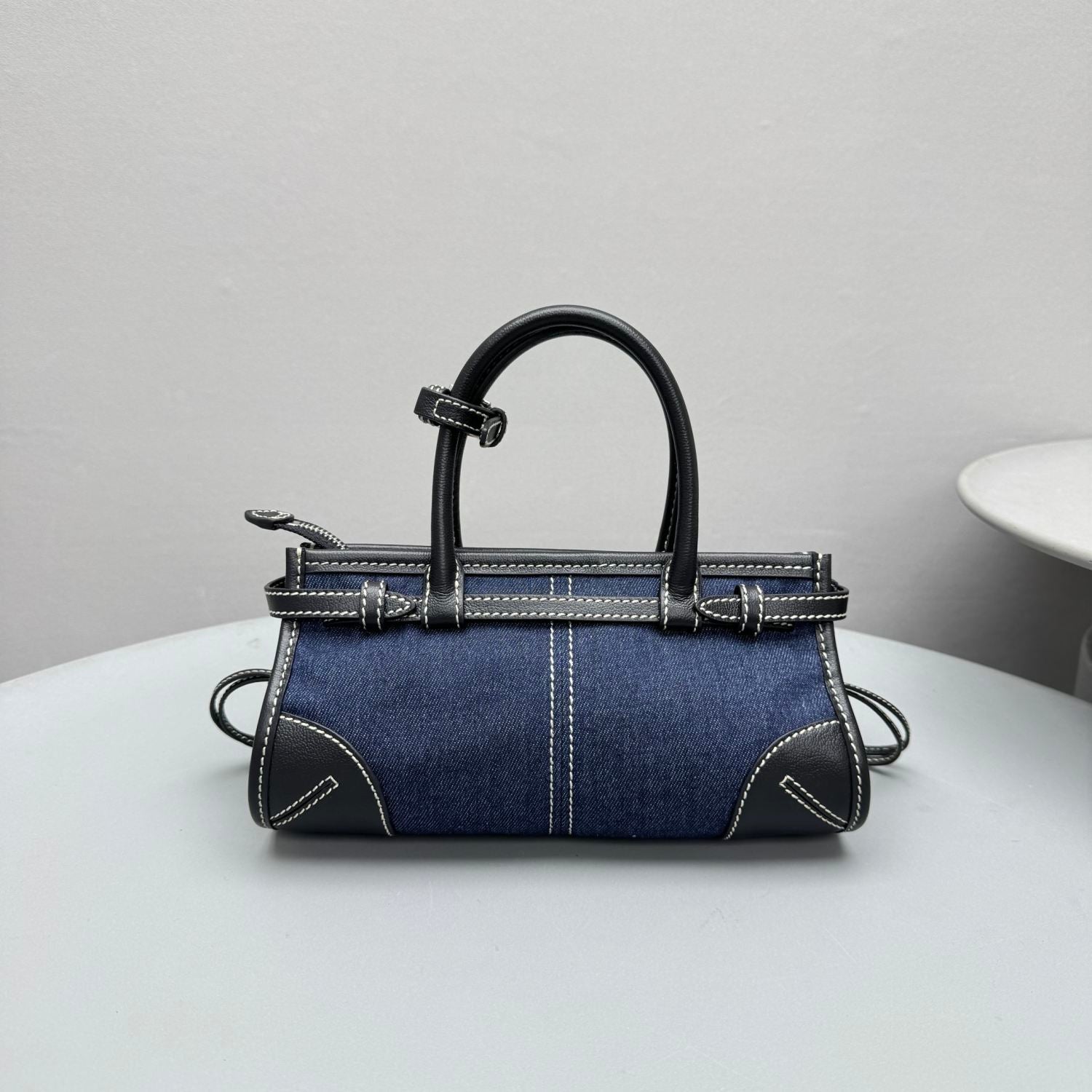 PRADA Women's Bonnie French Triangle Metal Logo Classic Versatile Mixed Materials Handbag Mini Women's Blue And Brown #332335