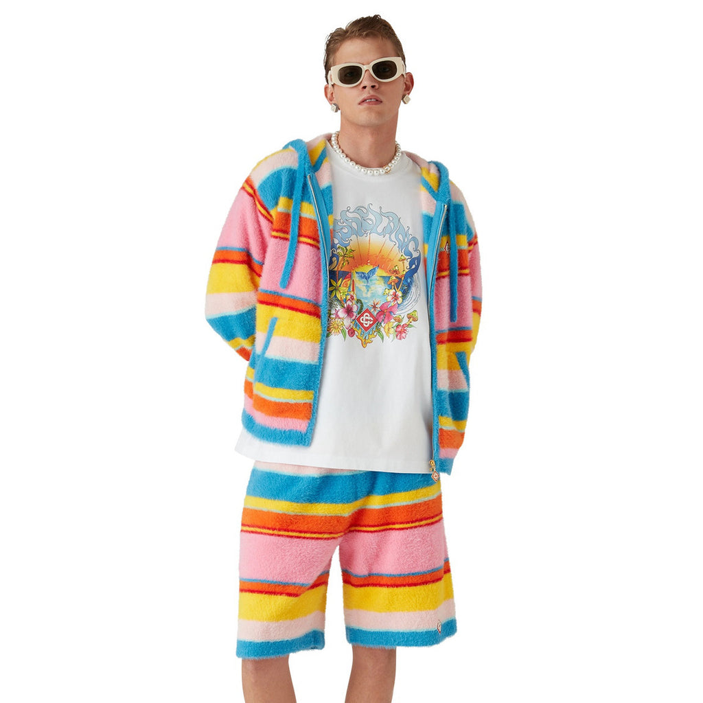 Casablanca Men's and Women's Spring/Autumn Color-block Striped Hooded Zipper Long-sleeved Jacket and Casual Drawstring Shorts Set Suit #77329