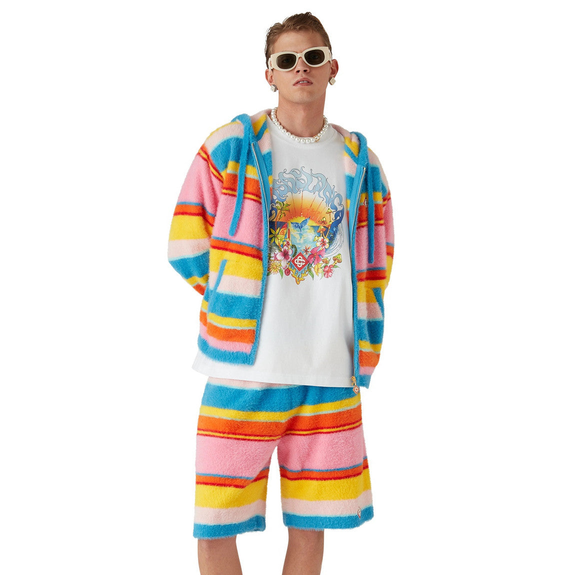 Casablanca Men's and Women's Spring/Autumn Color-block Striped Hooded Zipper Long-sleeved Jacket and Casual Drawstring Shorts Set Suit #77329