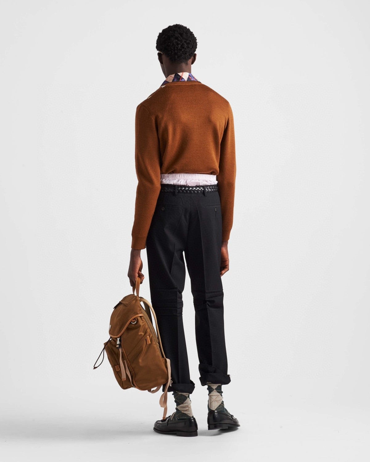 Prada Men's Spring And Fall Brown Diamond Applique V-neck Knitted Wool Casual Long Sleeved Sweater #73612