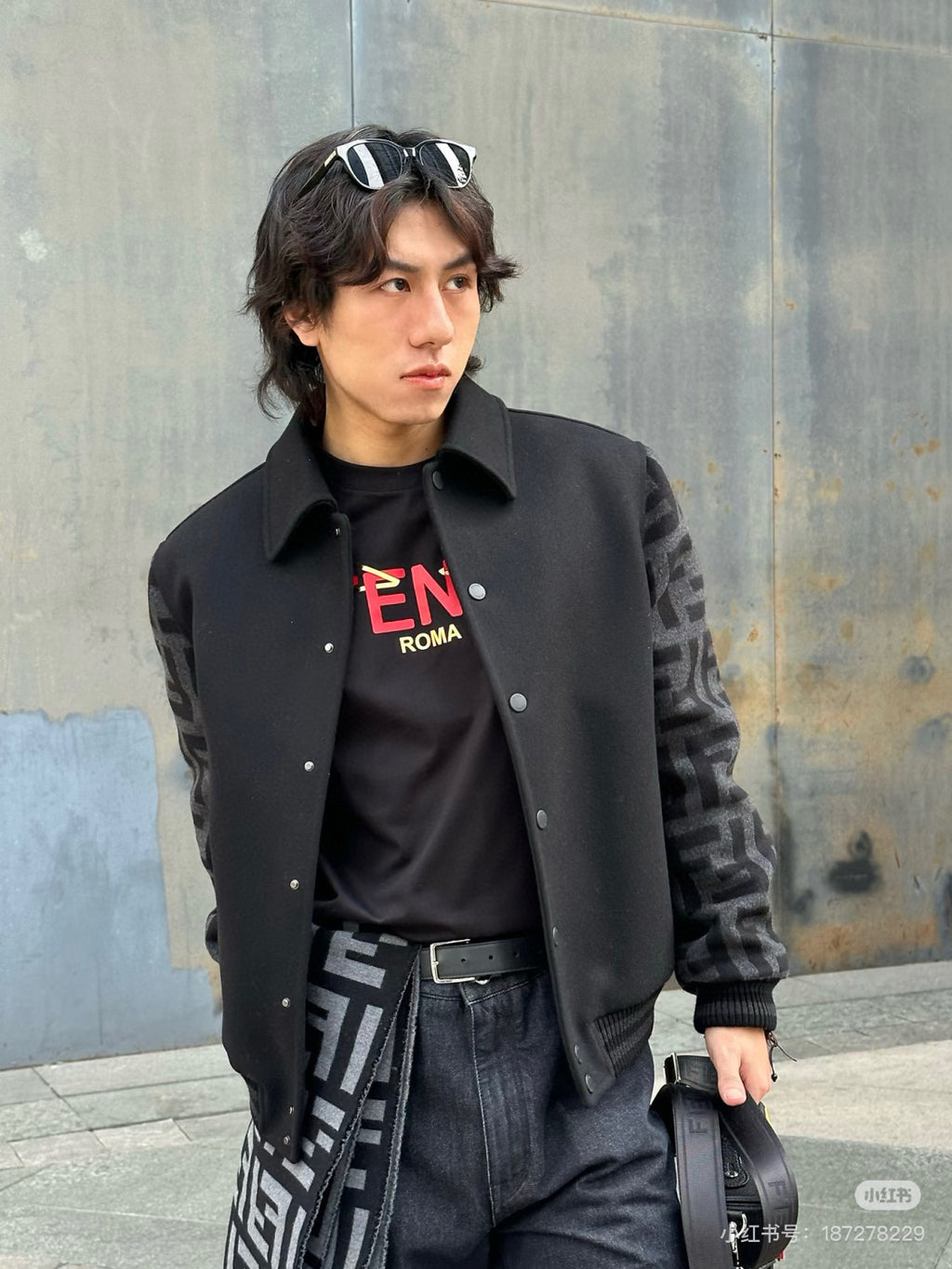 Fendi Men's Autumn/Winter Turn-Down Collar Single-Breasted Printed Long-Sleeved Baseball Jacket Black Wool Pilot Jacket #81496