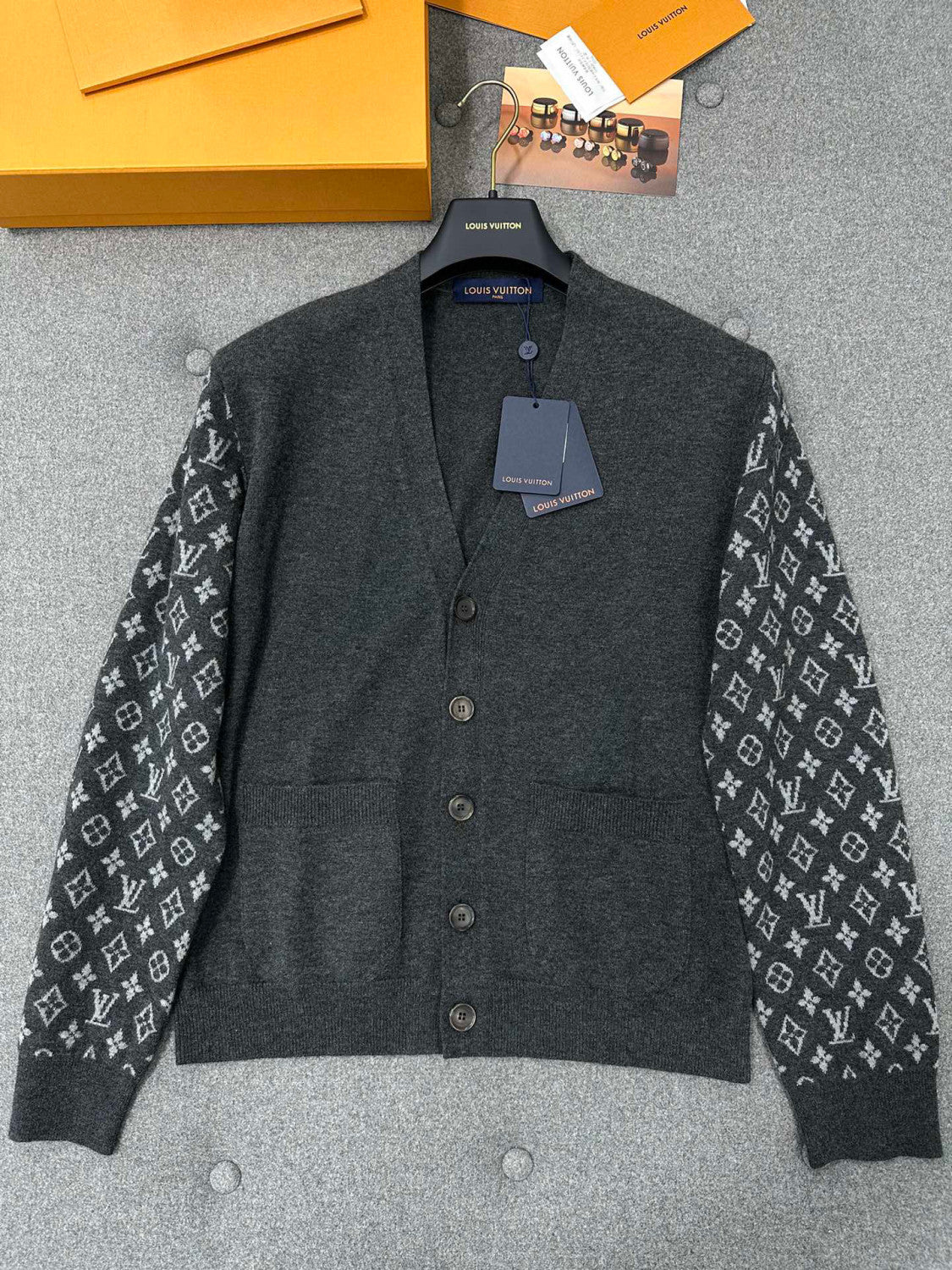 Louis Vuitton Men's Summer Dark Gray Monogram Mix Cashmere Cardigan Men's Knitted Shirt #97122
