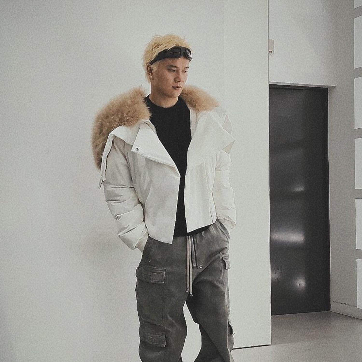 Moncler x Rick Owens Men's Women's Autumn And Winter Large Fur Collar Removable Trend High Street White Down Jacket Zip Hooded Jacket Ngvp #9794