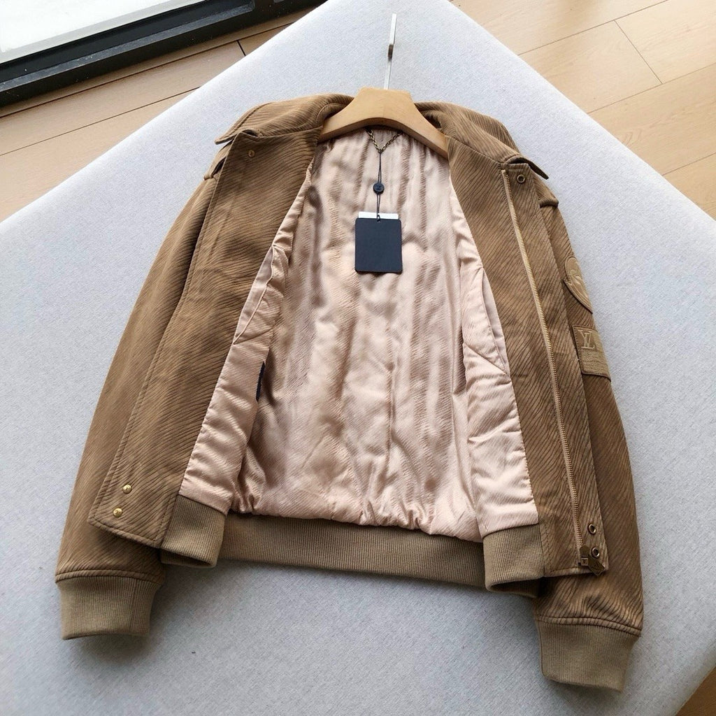 Louis Vuitton Men's Autumn and Winter Solid Color Lapel Twill Fabric Calfskin Long Sleeve Aviator Jacket #74574