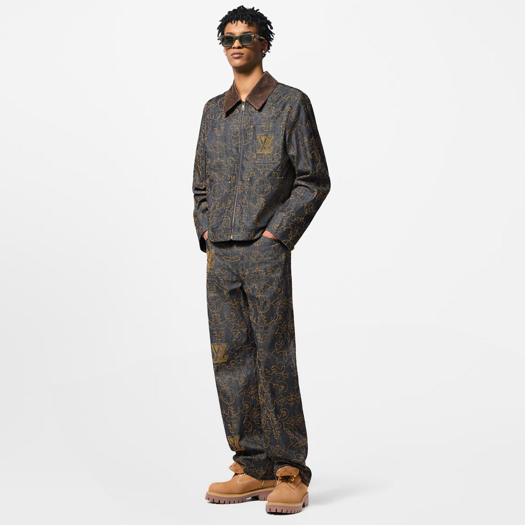 Louis Vuitton Men's Spring And Fall Logo Embroidery Zipper Lapel Long Sleeved Denim Jacket Casual Jeans Pants Suit Set #75267
