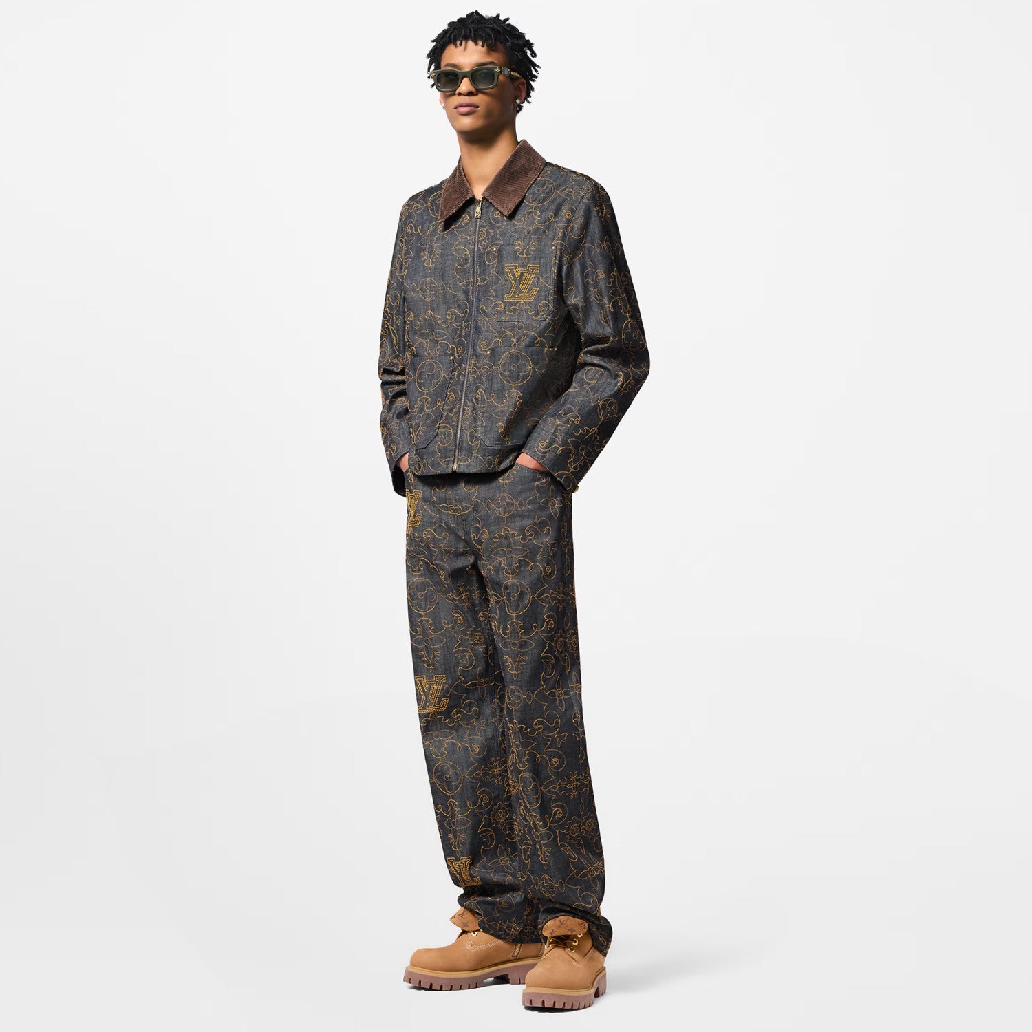Louis Vuitton Men's Spring And Fall Logo Embroidery Zipper Lapel Long Sleeved Denim Jacket Casual Jeans Pants Suit Set #75267