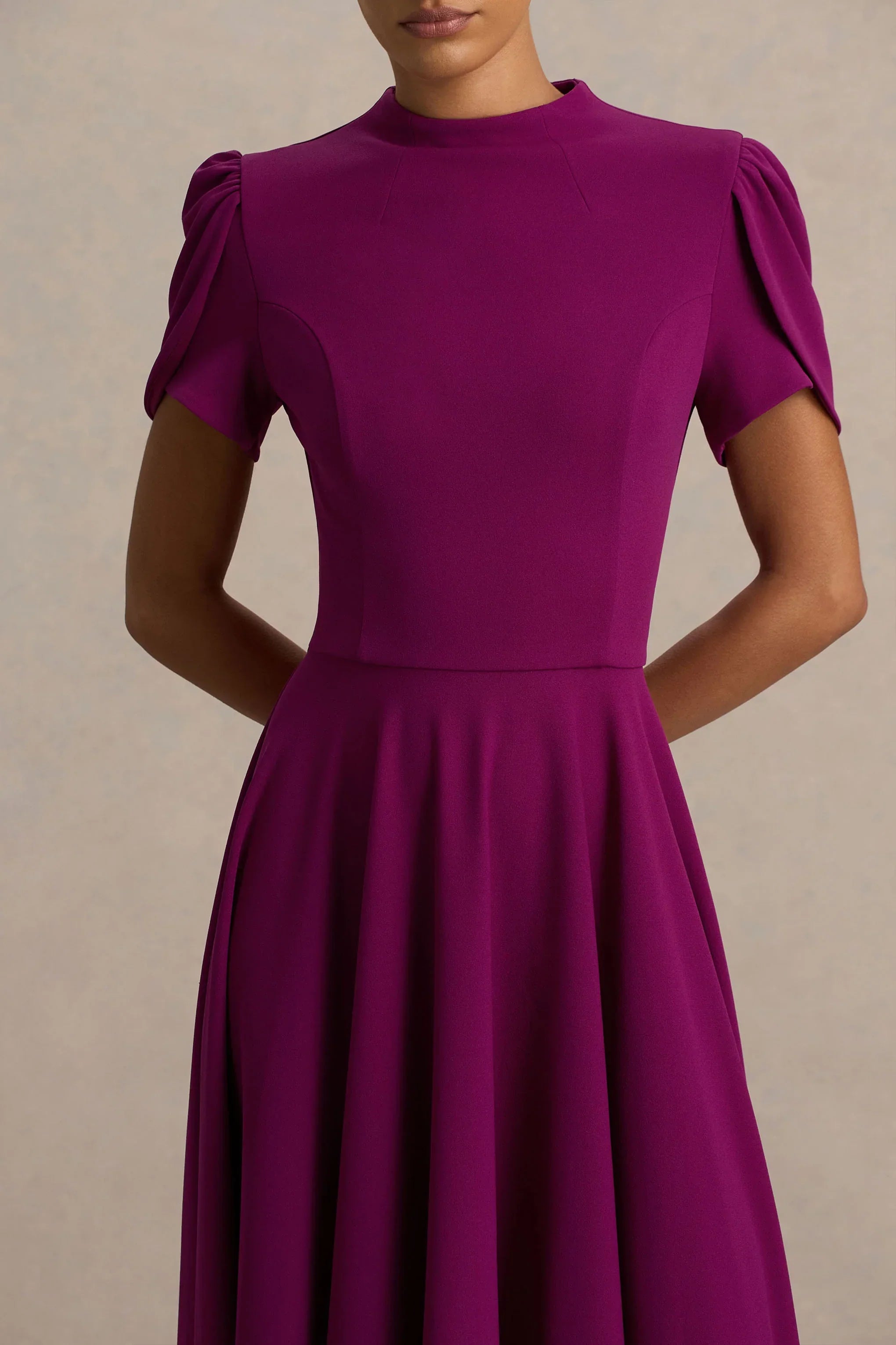 Vicky | Mulberry High Neck Midi Dress With Puff Sleeves