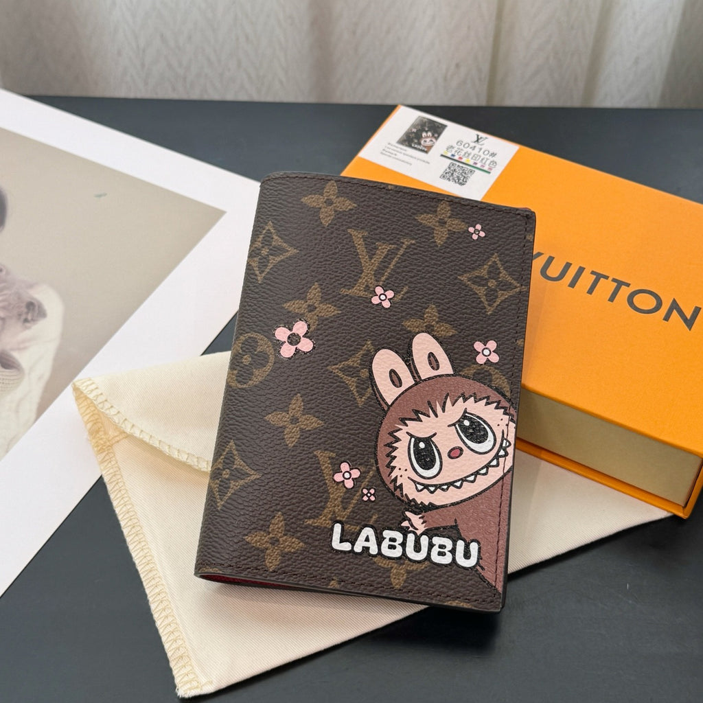 Louis Vuitton Labubu Pattern Printed Flip-Top Brown Leather Wallet Passport Holder with Letter Print Bag Bags #77788