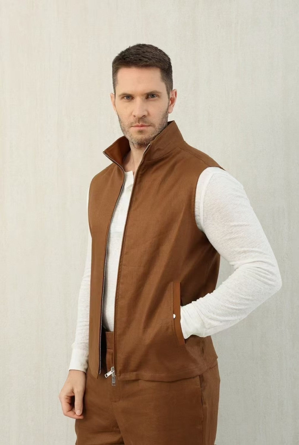 Ermenegildo Zegna Men's Spring And Autumn Solid Color Standing Collar Zipper Fit Sleeveless Vest Jacket Ngvp #1168