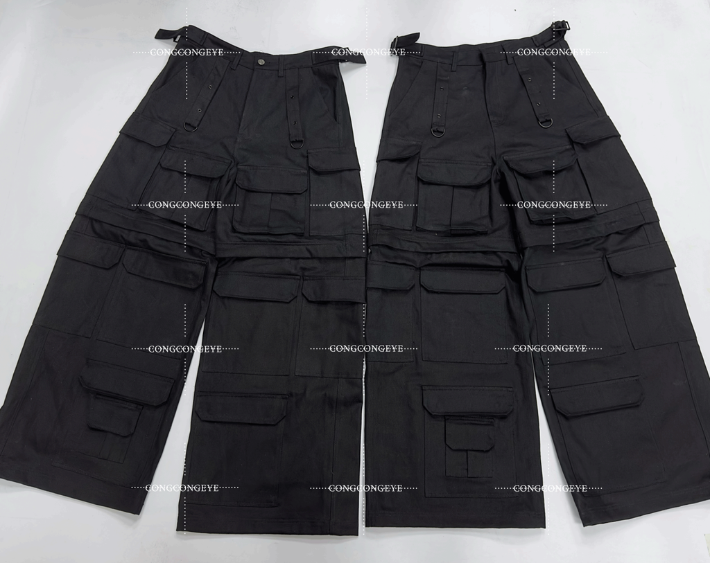 Vetements Men's Women's Four Seasons Solid Color Thickened Multi-Pocket Work Pants Loose Wide Leg Casual Denim Pants Ngvp #8669
