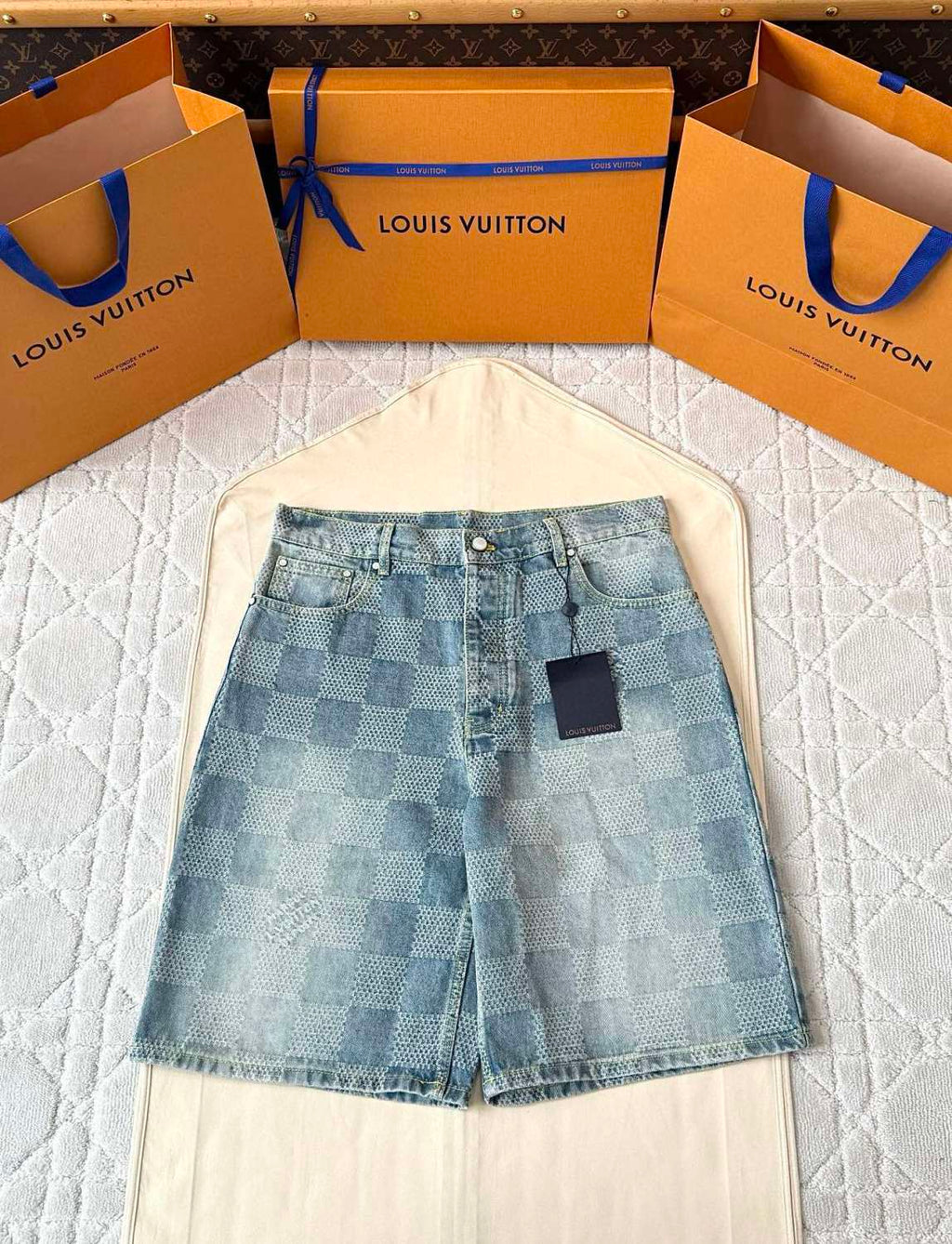 Louis Vuitton Men's Summer Solid Colour Checkerboard 3D Print Casual Denim Shorts #76864