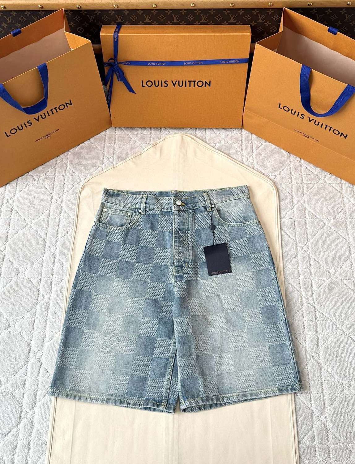 Louis Vuitton Men's Summer Solid Colour Checkerboard 3D Print Casual Denim Shorts #76864
