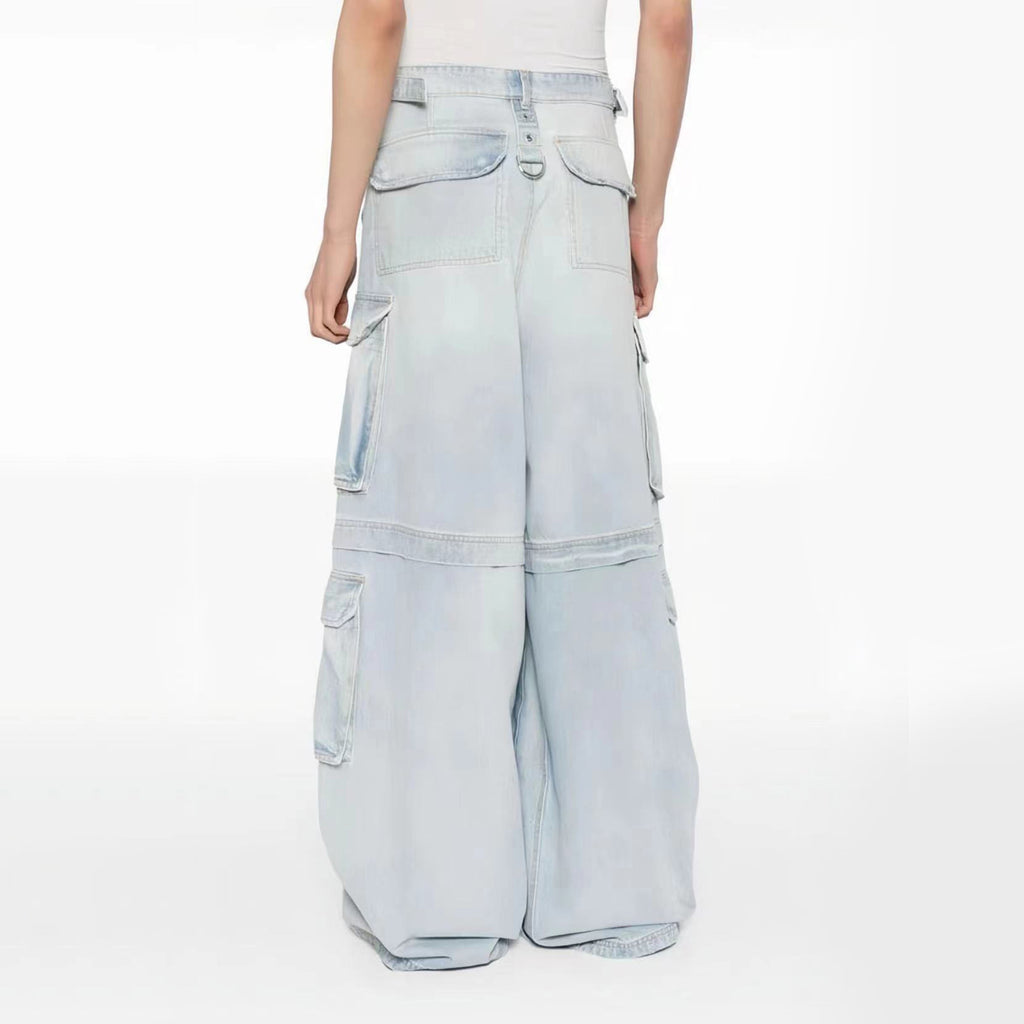 Vetements Men's Women's Cotton Washed Denim Trousers Zipper Multi-pocket Fitted Wide Leg Work Pants Ngvp #8232