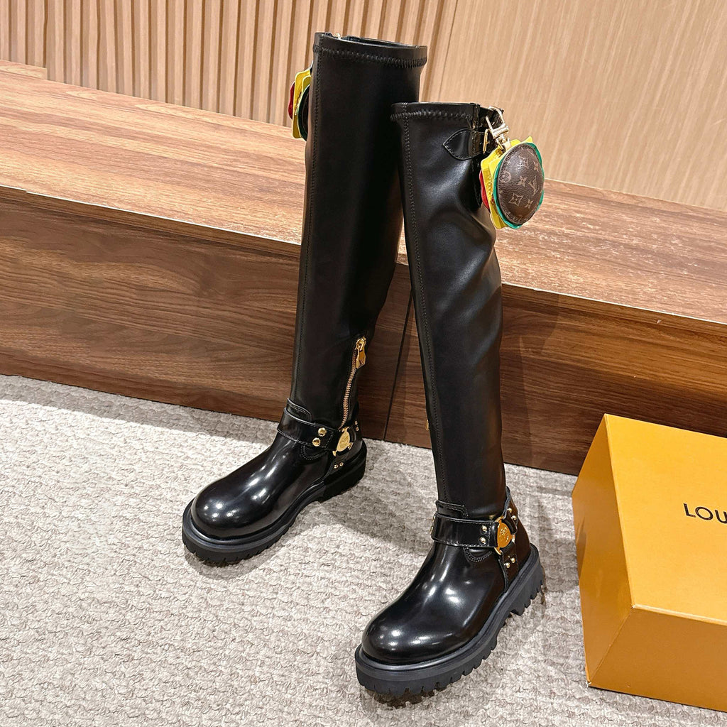 Louis Vuitton x Timberland Men's & Women's Fall/Winter Glossy & Matte Leather Solid Color High-Top Boots - Casual Zipper Round-Toe Shoes Hamburger Bag Detail Ngvp #2533