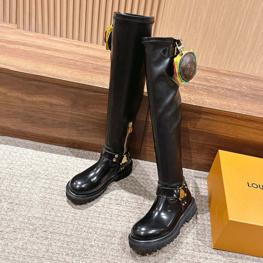 Louis Vuitton x Timberland Men's & Women's Fall/Winter Glossy & Matte Leather Solid Color High-Top Boots - Casual Zipper Round-Toe Shoes Hamburger Bag Detail Ngvp #2533