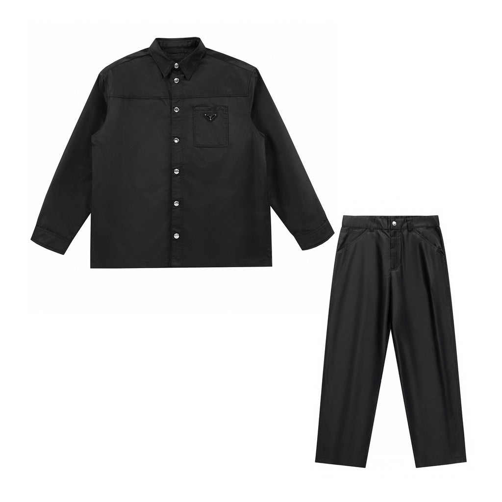 Prada Men's Spring And Autumn Nylon Lapel Single-Breasted Long-Sleeved Shirt Casual Trousers Pants Suit Set #97887