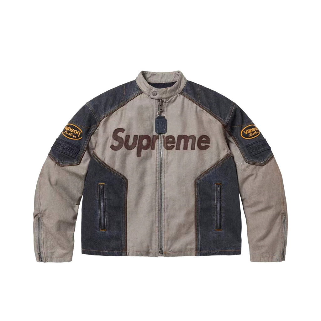 Supreme x Vanson Leathers x Cordura Men's And Women's Spring/Fall Fashion Casual High Neck Leather Logo Zipper Patchwork American Style Jacket #78582